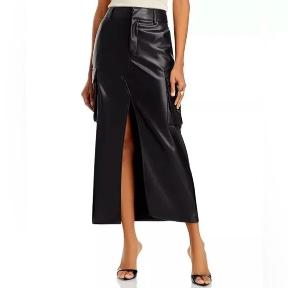 7 For All Mankind Faux Leather Cargo Midi Skirt With Slit Black Size Small - Picture 1 of 7